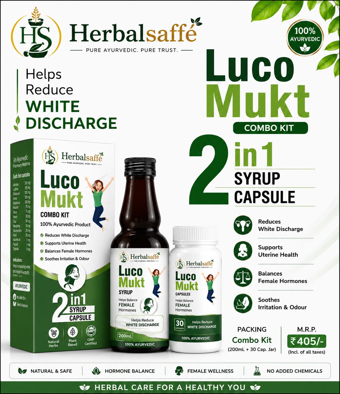 Herbalsaffe Luco Mukt Combo Kit - 2 in 1 Syrup & Capsule (200ml + 30 Cap)